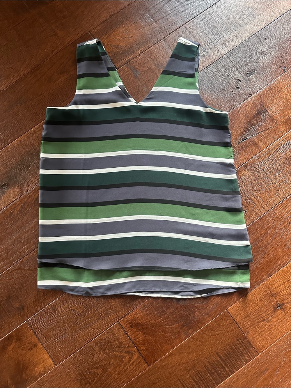 Ann Taylor Factory V Neck Sleeveless Blouse XS Stripe Green Purple Black White